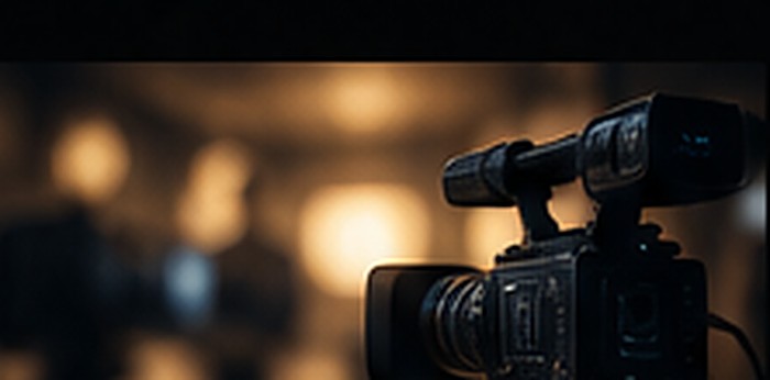 Professional cinema camera on set with warm bokeh lighting, representing Parsian Holdings' media and publishing ventures